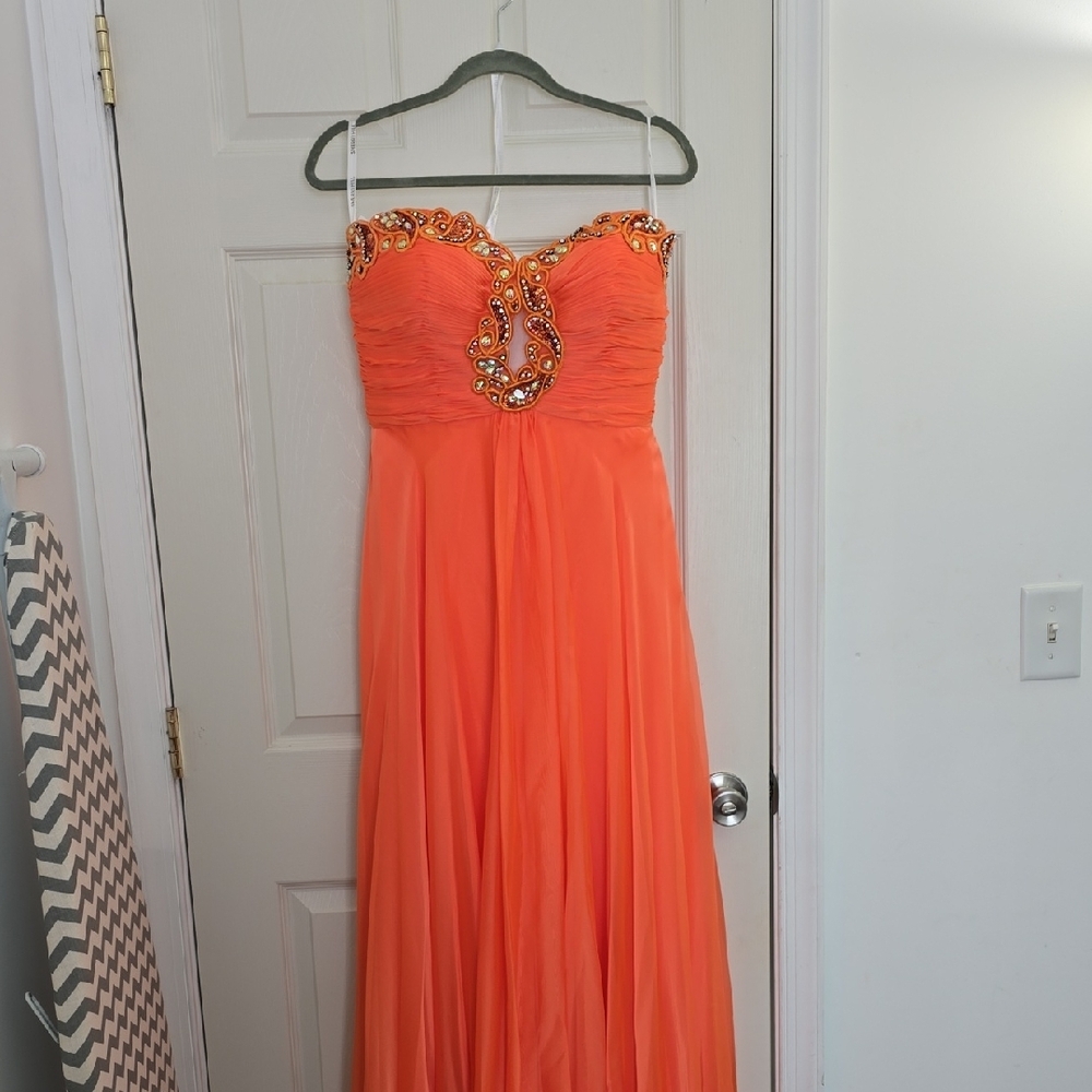Sherri Hill Orange Ruched Strapless Embellished Dress